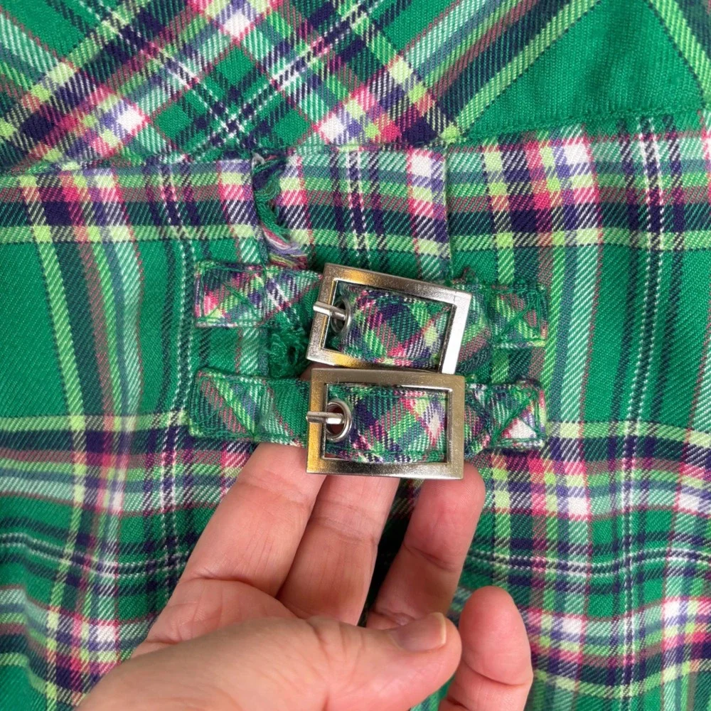 Y2K Justice Green Plaid Pleated‎ Mini Skorts Kilt Style Buckle Girls Size 12
